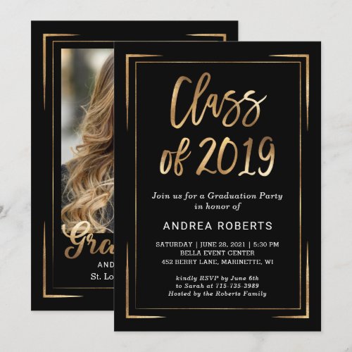 Class of 2019 Black Gold Photo Graduation Party Invitation