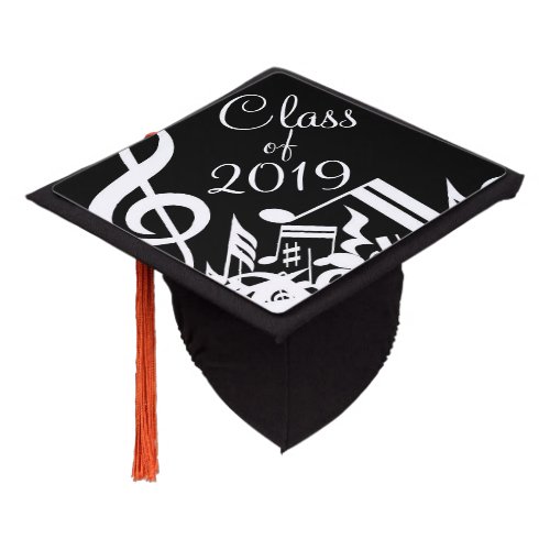 Class of 2019 Black  White Musical Symbols on a Graduation Cap Topper