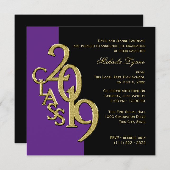 Class of 2019 Elegant Gold and Purple Invitation (Front/Back)