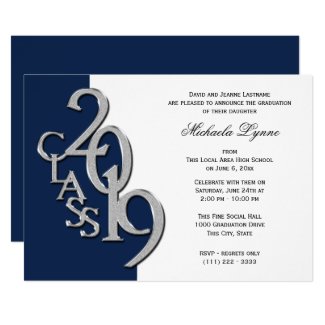 Class of 2019 Grad Silver and Navy Blue Invitation
