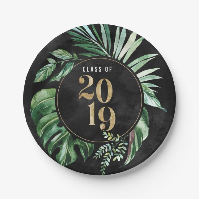 Class of 2019 Green Monstera Leaf Paper Plate (Front)