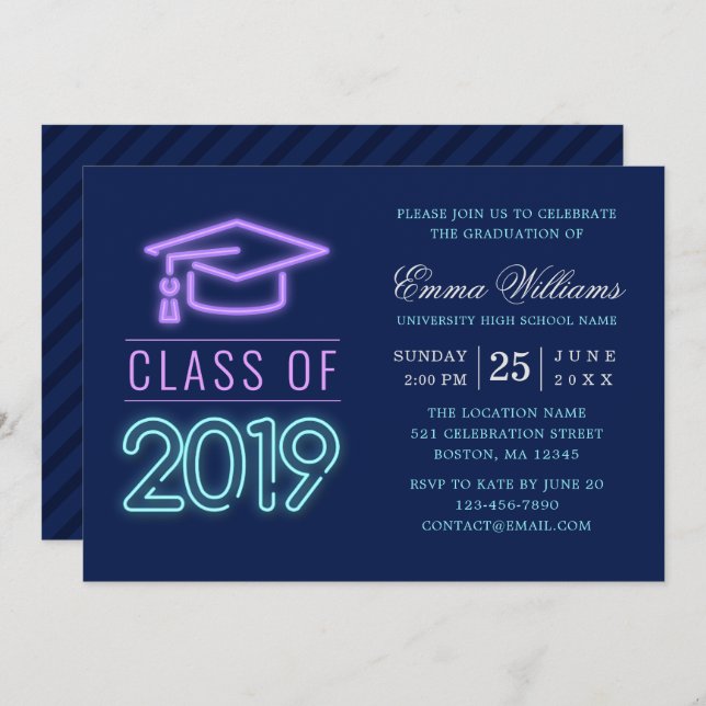 Class of 2019  |  Modern Cool Neon Blue Graduation Invitation (Front/Back)