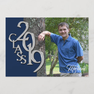 Class of 2019 Photo Graduation Blue Silver Invitation