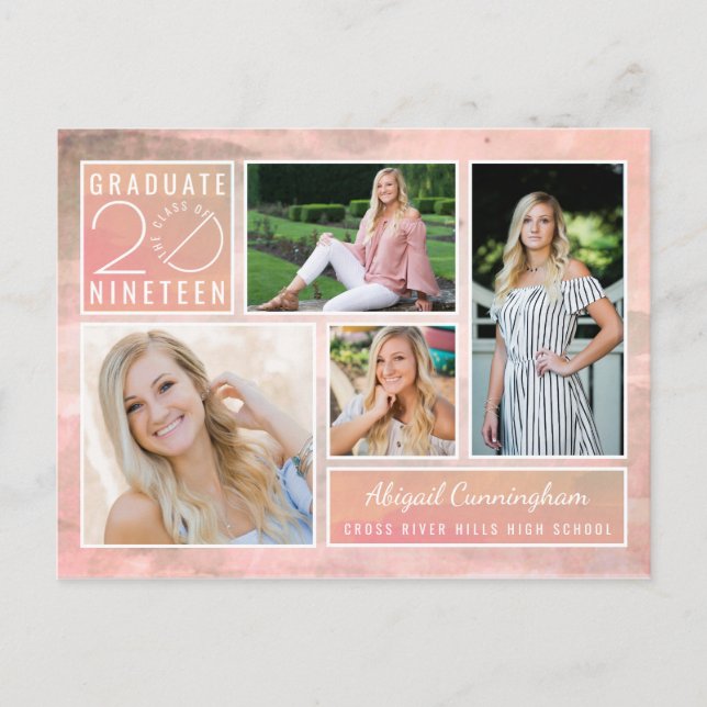 Class of 2019 Photo Peach Watercolor Invitation Postcard (Front)