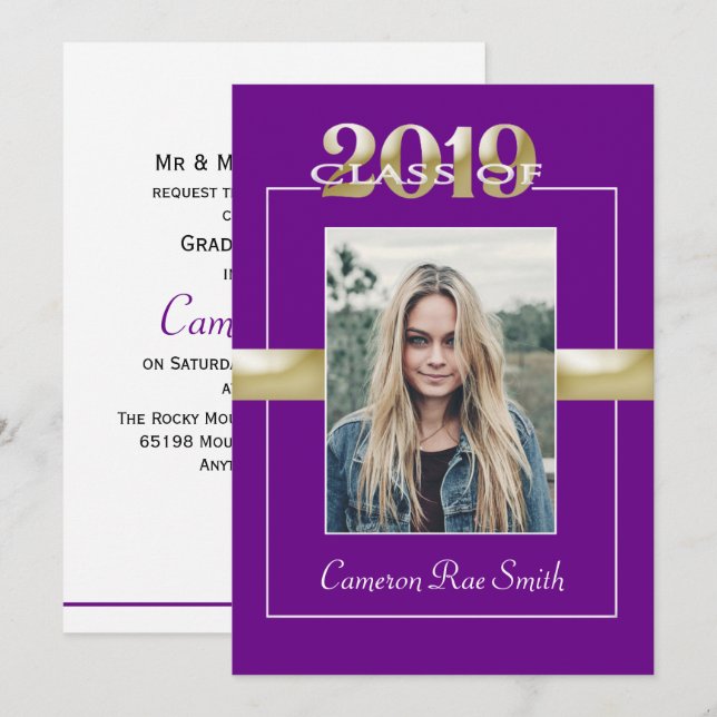 Class of 2019 Purple & Gold Graduation Party Invitation (Front/Back)