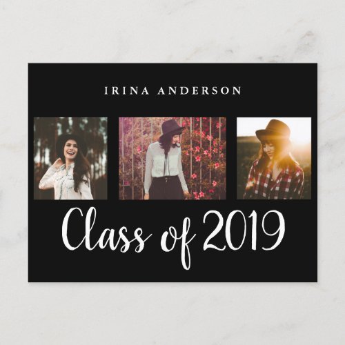 Class Of 2019 Typography Three Photos Graduate Invitation Postcard