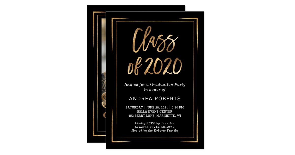 Class Of 2020 Black Gold Photo Graduation Party Invitation