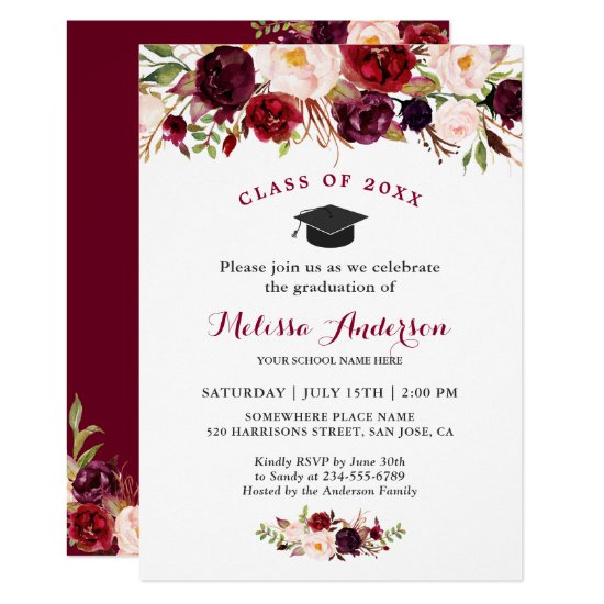 Class of 2020 Burgundy Red Floral Graduation Party Invitation