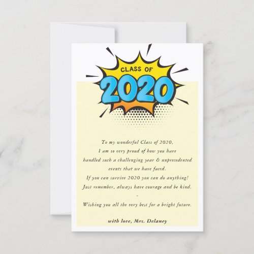 CLASS OF 2020 class teacher to student note comic Thank You Card