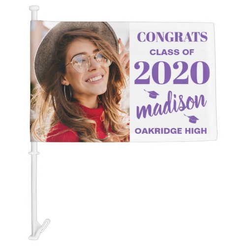 Class of 2020 Custom Photo Purple White Graduation Car Flag