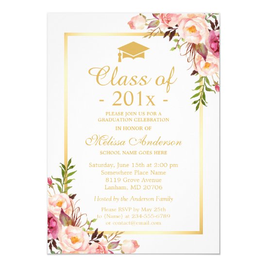 Class of 2020 Graduation Elegant Chic Floral Gold Invitation