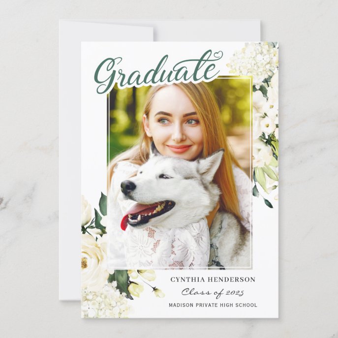 Class of 2020 Green White Rose Floral Graduation Announcement
