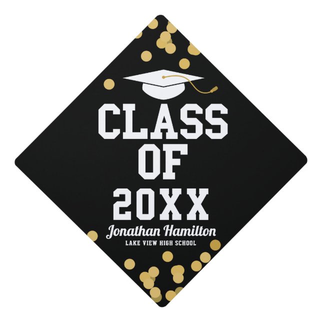 Class Of 2021 Black Gold Confetti  Graduation Cap Topper (Front)