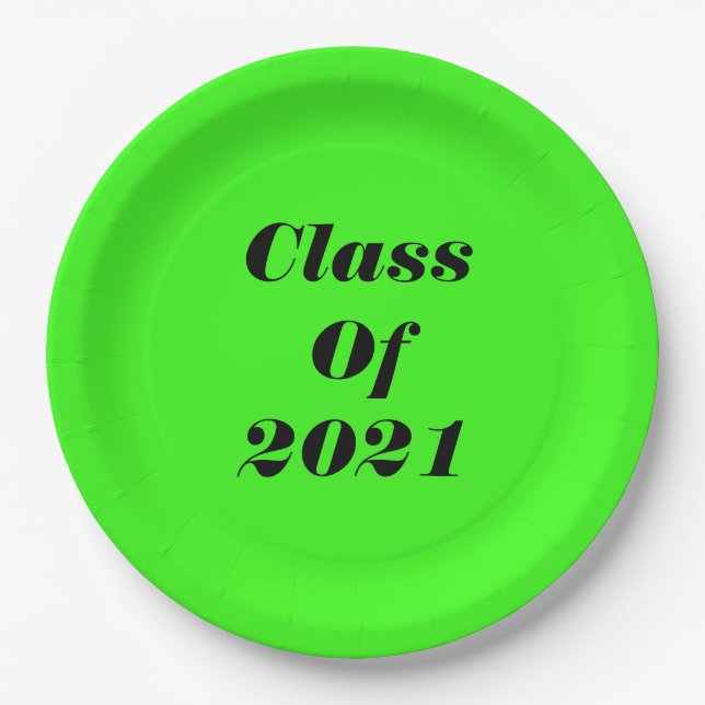 Class Of 2021 Custom Neon Green Graduation Party Paper Plates (Front)