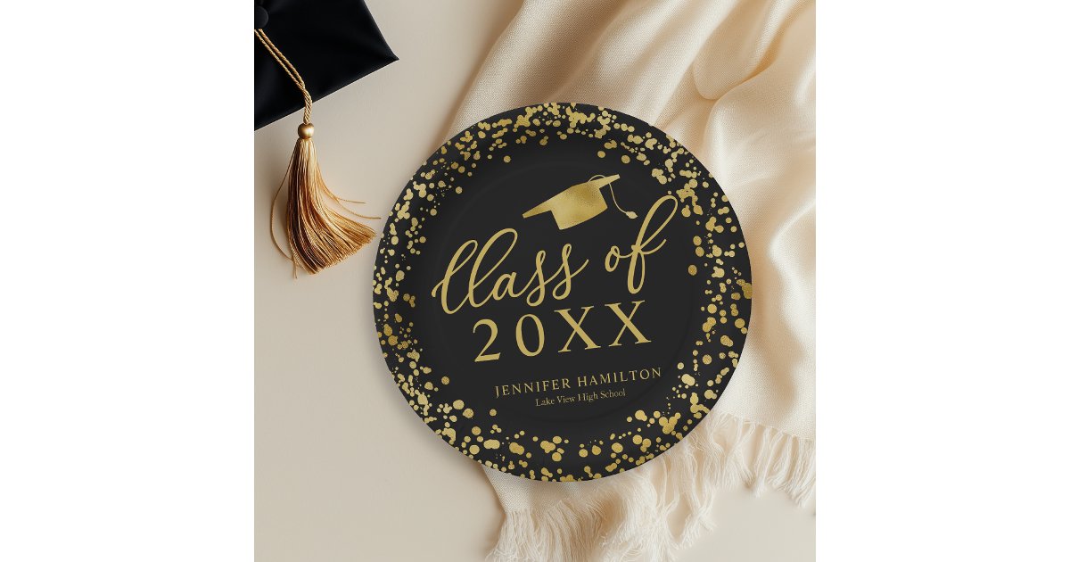 Class Of 2021 Elegant Gold Black Graduation Party Paper Plates | Zazzle