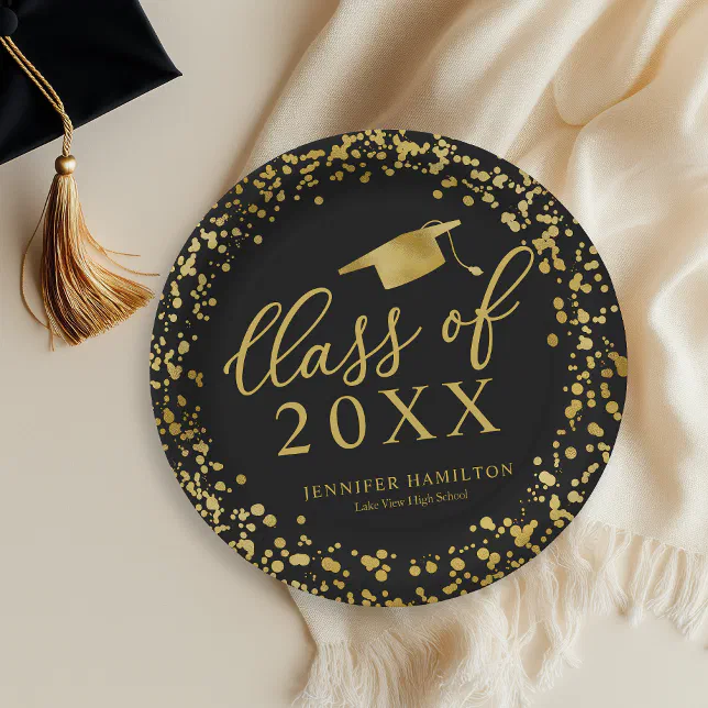 Class Of 2021 Elegant Gold Black Graduation Party Paper Plates | Zazzle