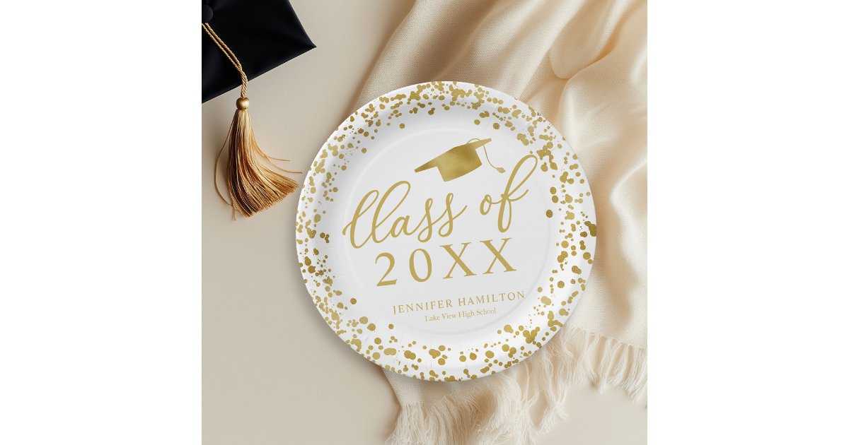 Class Of 2021 Elegant Gold White Graduation Party Paper Plates | Zazzle