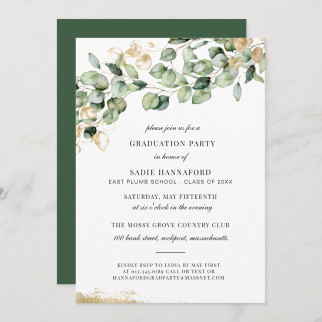 Class of 2021 Eucalyptus Rustic Gold Graduation Invitation (Front/Back)