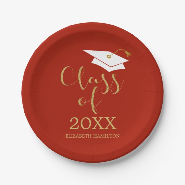 Class of 2021 Gold Glitter Calligraphy Red Paper Plates (Front)