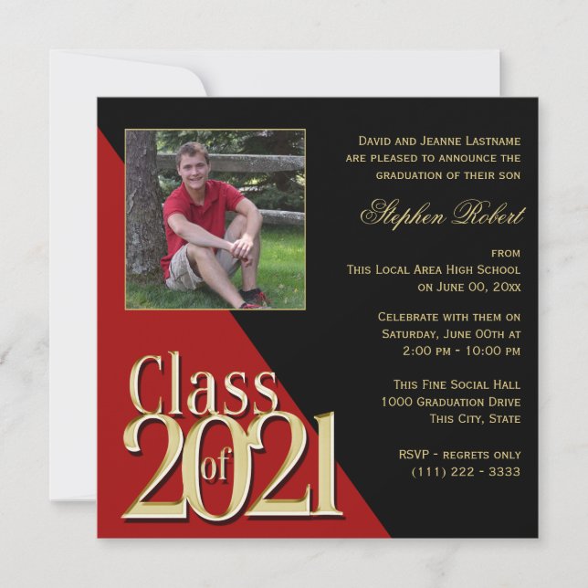 Class of 2021 Gold Grad Red and Black with Photo Invitation (Front)
