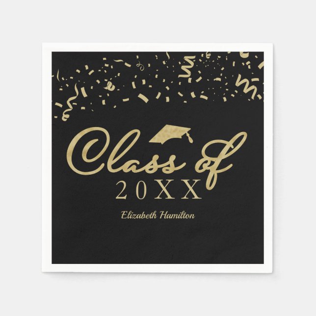 Class Of 2021 Gold Script Graduation Party Black Napkins (Front)