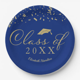 Class Of 2021 Gold Script Graduation Party Blue Paper Plates