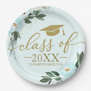 Class Of 2021 Gold Teal Floral Graduation Party Paper Plates