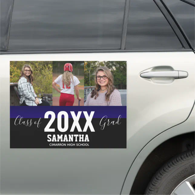 Class of 2021 Grad 3 Photo Collage Blue Car Magnet | Zazzle