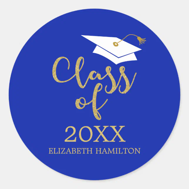 Class of 2021 Grad Cap Gold Glitter Calligraphy C Classic Round Sticker ...