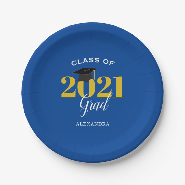 Class of 2021 Grad Simple Blue and Gold Paper Plates (Front)