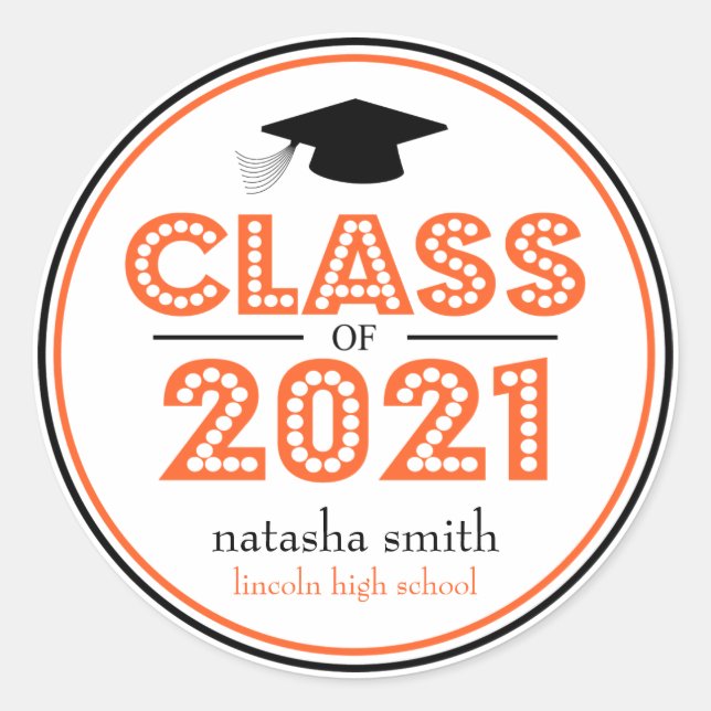 Class Of 2021 Graduation Favor (Orange / Black) Classic Round Sticker (Front)