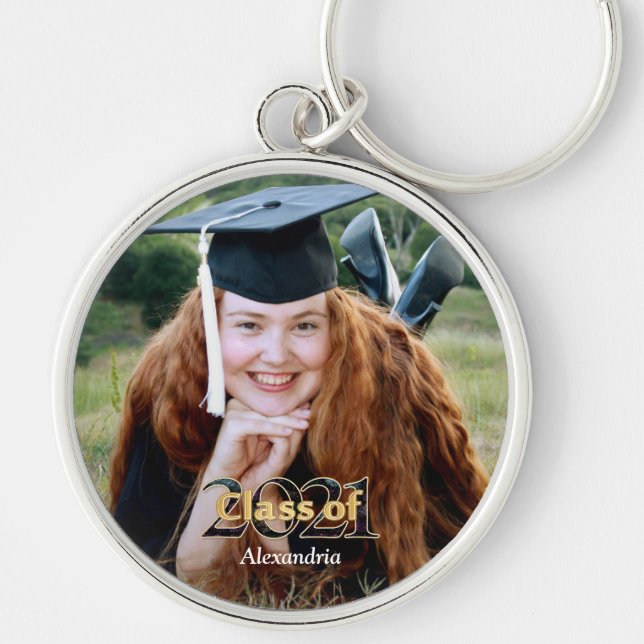 Class of 2021 Graduation Gold Typography Photo Keychain (Front)