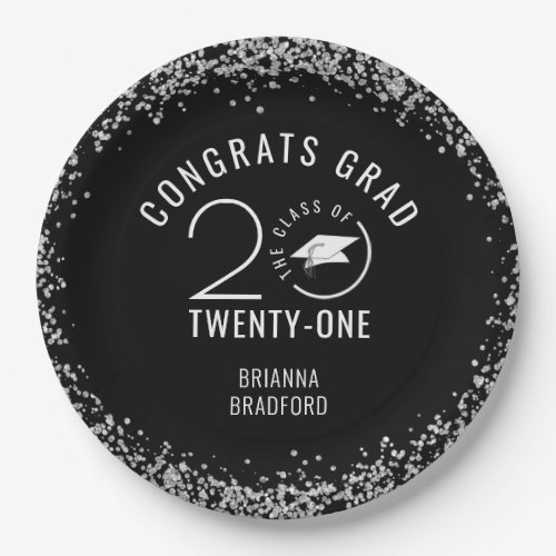 CLASS OF 2021 Graduation Silver Glitter Black Paper Plates