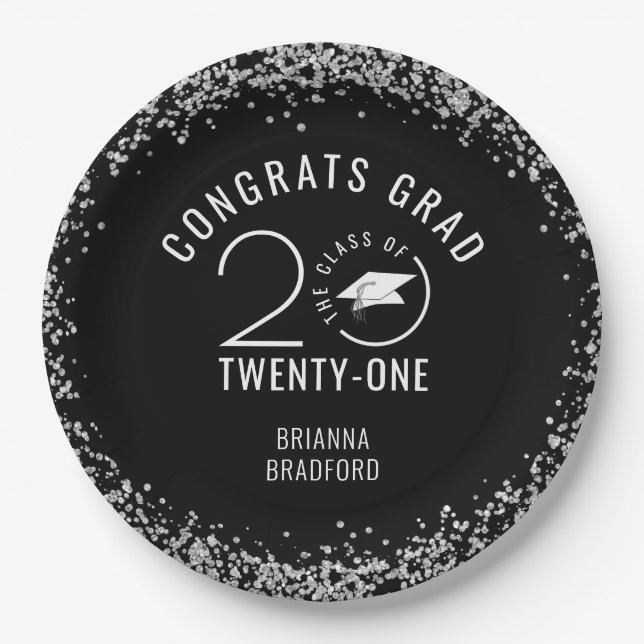 CLASS OF 2021 Graduation Silver Glitter Black Paper Plates (Front)