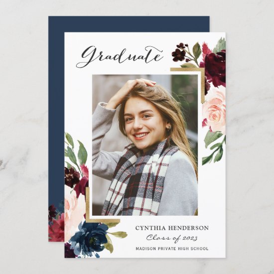 Class of 2021 Navy Blue Blush Floral Graduation Announcement