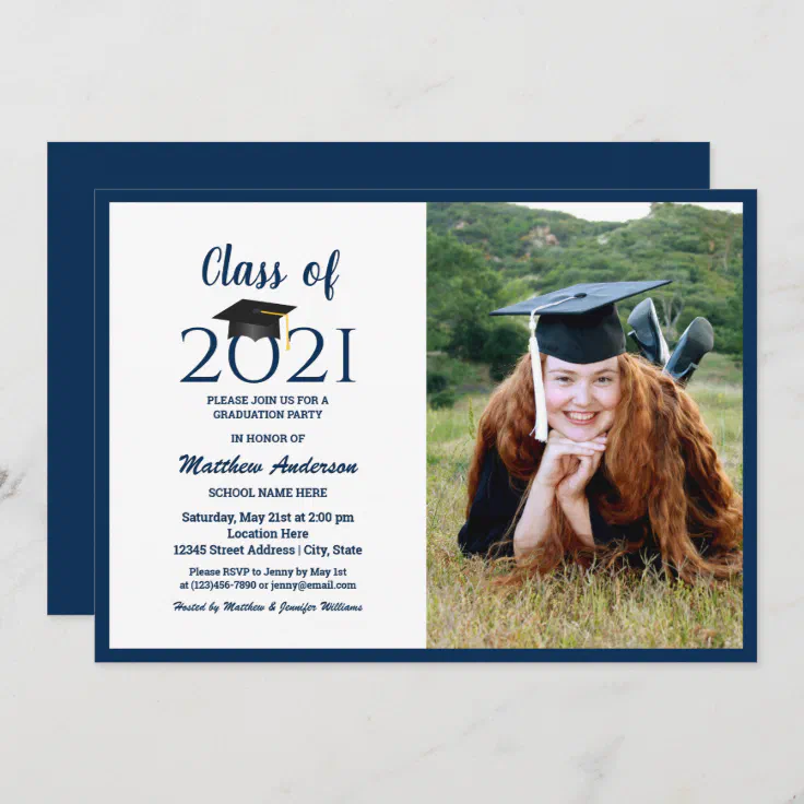 Class of 2021 Navy Blue Graduate Photo Graduation Invitation | Zazzle