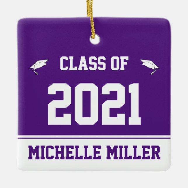 Class of 2021 Royal Purple and White Graduation Ceramic Ornament (Front)