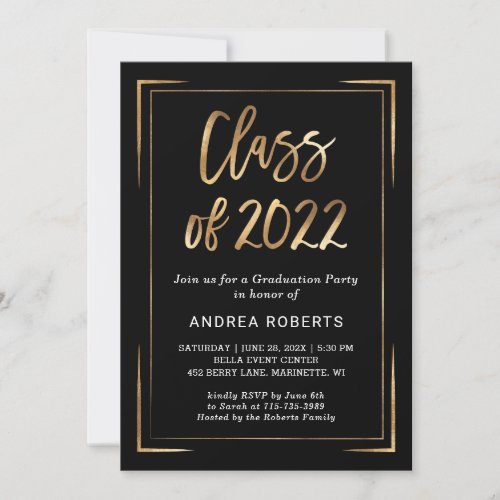 Class of 2020 Black Gold Photo Graduation Party Invitation