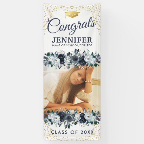 Class of 2022 | Blue Floral Graduation Door Banner - Modern graduation party door banner featuring a clean white background that can be changed to any color, a photo of the graduate, gold sparkly glitter, a rustic boho blue watercolor floral display, and a congratulations template that is easy to personalize.