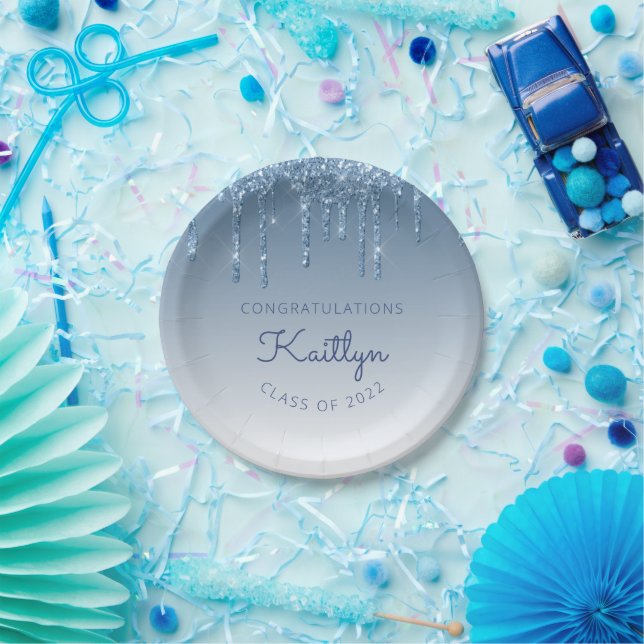 Class of 2022 Blue Glitter Drip Graduation Party Paper Plates (Party)