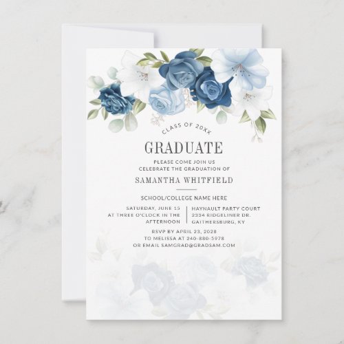 Class of 2022 Blue White Floral Graduation Party Invitation