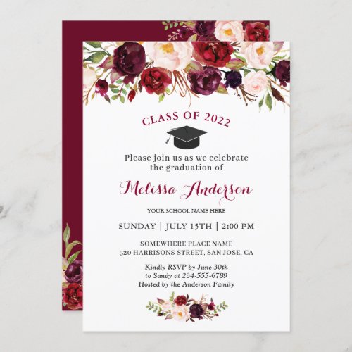 Class of 2022 Burgundy Red Floral Graduation Party Invitation - Watercolor Burgundy Red Floral | Class of 2022 Graduation Party Invitation. 
(1) For further customization, please click the "customize further" link and use our design tool to modify this template. 
(2) If you prefer Thicker papers / Matte Finish, you may consider to choose the Matte Paper Type.