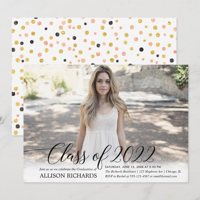 Class of 2022 elegant calligraphy graduation photo invitation (Front/Back)