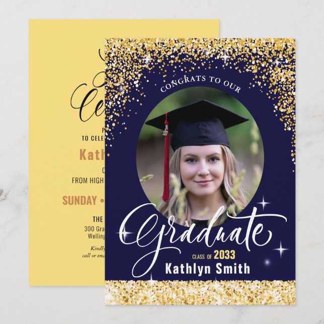 Class of 2022 Gold Glitter Blue Elegant Graduation Invitation (Front/Back)