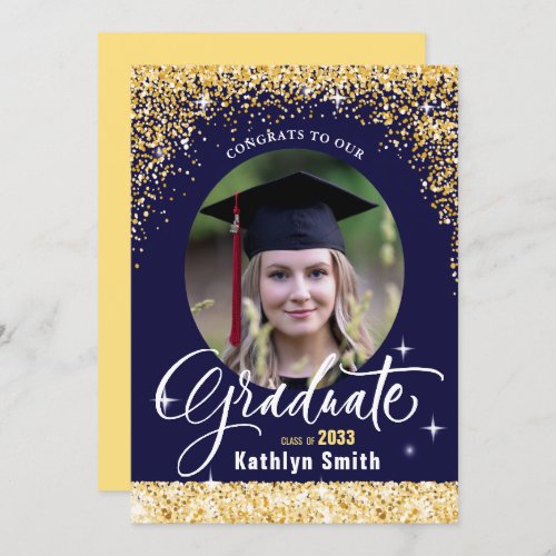 Class of 2022 Gold Glitter Blue Elegant Graduation Invitation