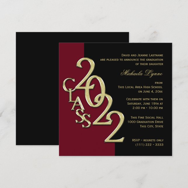 Class of 2022 Grad Burgundy and Gold Graduation Invitation (Front/Back)