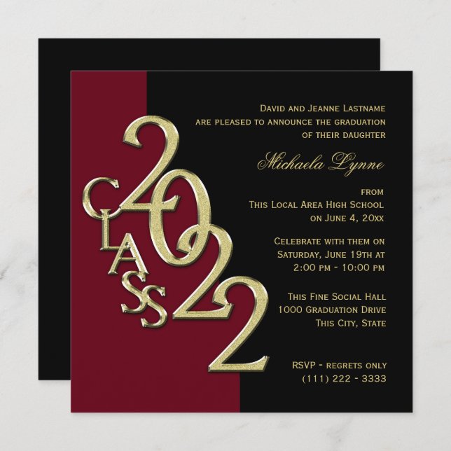 Class of 2022 Grad Burgundy and Gold Graduation Invitation (Front/Back)