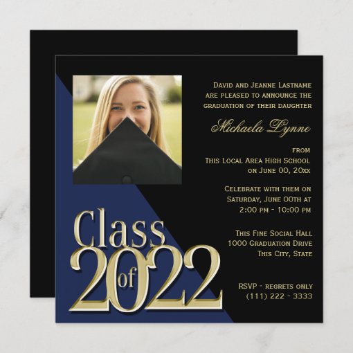 Class Of 2022 Grad Gold And Blue With Photo Invitation | Zazzle