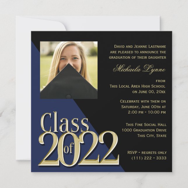 Class of 2022 Grad Gold and Blue with Photo  Invitation (Front)