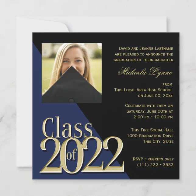 Class of 2022 Grad Gold and Blue with Photo Invitation | Zazzle